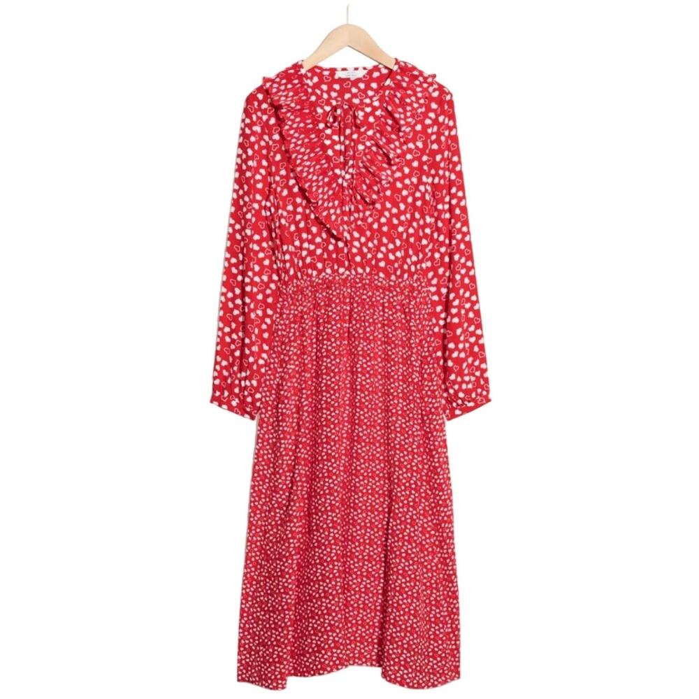 & Other Stories 2 of Hearts Printed Midi Ruffle Red & White Neck Dress Size 10